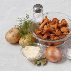 Ceptas gailenes ar kartupeļiem Kartupeļi ar gailenēm uz pannas ar krējumu